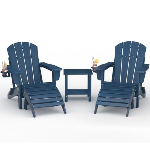 Folding Adirondack Chair Set of 5, All-Weather HDPE Outdoor Chair, Wooden Textured with Cup Holder for patios, Decks, Gardens, fire pits, Navy Blue, N