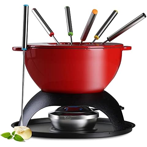 Artestia Cast Iron Fondue Pot Set, Cast Iron Chocolate Fondue Pot Set with 6 Fondue Forks, Cheese Fondue Set Serve 6 Persons(Red) Cover