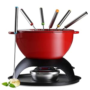 Artestia 11-Piece Cast Iron Fondue Set with Adjustable Burner 6 Colored Forks, 5-Cup Red Cheese Fondue Pot, Perfect for Chocolate, Caramel, Meat, 4-6 Person