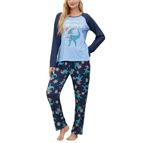 VENTELAN Women Pajamas Cute Christmas Bear Sleepwear Long Sleeve Stripes Loungewear X-Small Blue Dinosaur