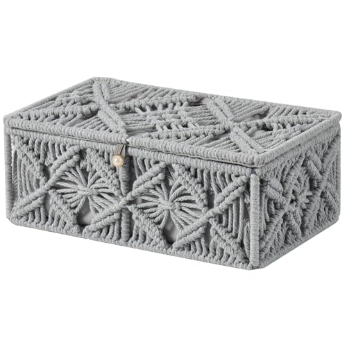 VinneGenzz Decorative Boho Storage Baskets with Lid Bohemian Macrame Jewelry Box Handmade Natural Cotton Rope Woven Bins Memory Keepsake Photo Makeup Organizer Shelf Container (Gray, Small)