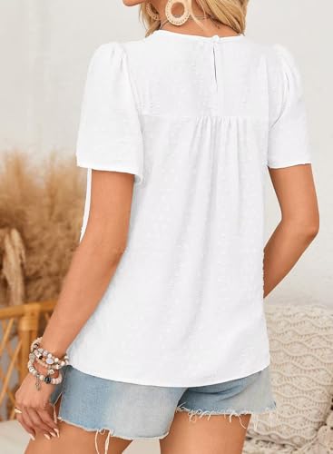 Womens Summer Tops Boho Crewneck Short Sleeve Shirts Floral Crochet Chiffon Blouses Flowy Casual Swiss Dot Clothing4