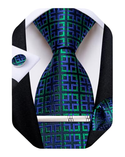 Image of DiBanGu Mens Silk Plaid Tie and Pocket Square Set | Elegant Silk Formal Tie Set, Woven Check Necktie and Cufflinks Tie Clip Set, Perfect for Wedding Party, Comes in Gift Box