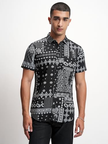 Image of Highlander Men's's Slim Fit Ethnic Motif Printed Casual Shirt | Short Sleeves, Button Closure & Modern Tailored Fit