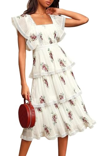Image of ETCYY Women's Summer Ruffle Maxi Dress Tiered Layed Chiffon Short Sleeve Beach Boho Floral Party Wedding Guest Long Dresses