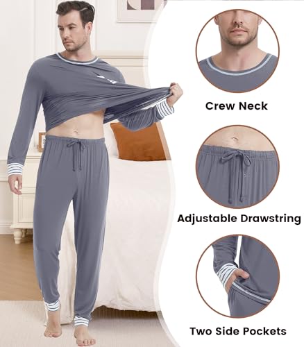 Image of NACHILA Mens Pajamas Set Long Sleeve Henley Sleepwear Top Soft Jogger Pants Pajamas Cool Pjs Set,Viscose Made from Bamboo