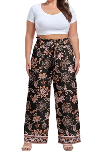 Image of OLRIK Women's Plus Size Pants Adjustable High Waisted Wide Leg Palazzo Pants Casual Trousers with Pockets Spring Clothes