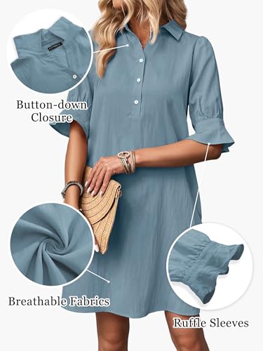 Image of FENSACE Womens Casual Shirt Dress Ruffle Sleeve Button Down Shift Summer Dresses with Pockets
