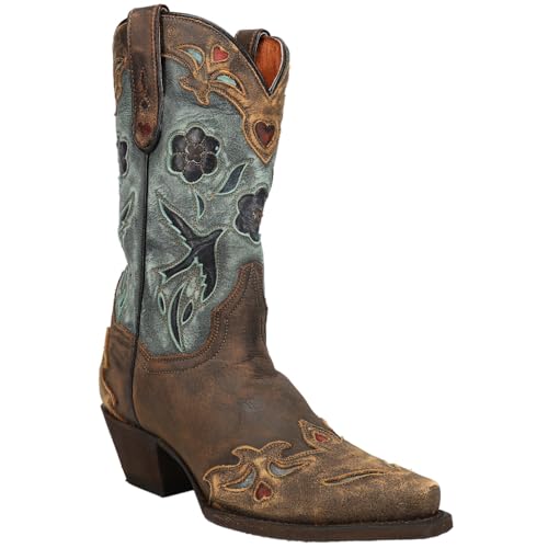 Dan Post Women's Blue Bird Floral Tooled-Inlay Snip Toe Traditional Cowboy Boots2