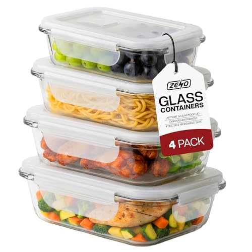 ZENO Glass Containers with Lids 4 Pack | Meal Prep Containers | Glass Food Container with Lid, Airtight Seal, Leakproof Lid | Dishwasher Safe | Freezer & Microwave Safe | 4 Sizes Multipack