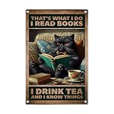 Black Cat Reading Books And Drinking Tea Quote Vintage Metal Sign Retro Wall Decor For Home Living Room Library Cafe Bar Study Funny Book Lover Poster 8 x 12 Inch
