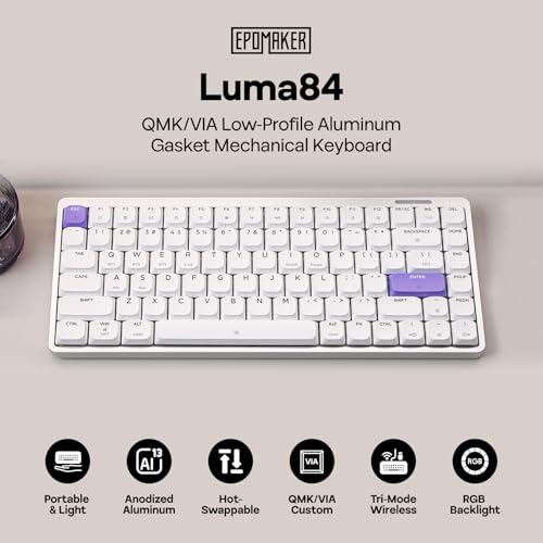 Image of EPOMAKER Luma84 Low Profile Aluminum Mechanical Keyboard, QMK /VIA Programmable, Tri-Mode Wireless, Win /MAC /Linux Compatible, RGB Backlight (White&Purple, Gateron Low-Profile Red Switch)