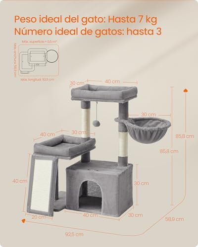 Miniatura 6 de Feandrea Árbol Para Gatos, Torre De Juegos Con 2 Camas Grandes, Postes Rascadores Y Rampa, 85,8 Cm De Altura, Gris Paloma Pct013gd01