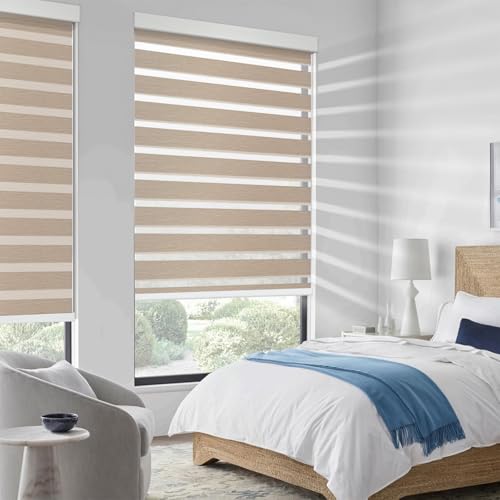 Image of Motorized Zebra Blinds Custom Size Smart Dual Layer Shades for Windows with Remote | Assembled in USA | Electric Day and Night Privacy Light Filtering Rechargeable Quiet Motor Window Shades