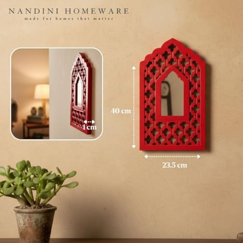 Image of Handcrafted Traditional Red Mughal MDF Wooden Mirror Jharokha Wall Art | Mughal-Inspired Boho Vintage Style Decorative Wall Hanging for Living Room & Home Interiors (Red Mughal)