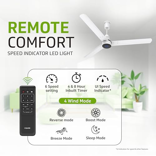 Image of V Guard Zenair Pro BLDC Ceiling Fan 1200 mm | BEE 5-Star Energy Saving | High-Speed BLDC Motor (370 RPM) | Remote Control with 6 Speeds | UI LED speed indicator | 2-Year Warranty | White