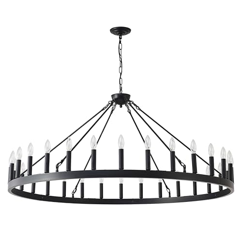 Vizbmyr ‎MCL-40 Black Wagon Wheel Chandelier Farmhouse 51 Inch 30-Lights Black Round Rustic Hanging Lighting Pendant Light Fixture For Living Room High Ceiling Outdoor Wheel Chandelier  cover