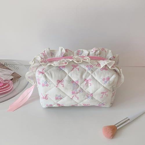 Quilted Makeup Bag, Cute Pouch Toiletry Bag, Travel Toiletry Bag Period Bag, Pink bow tie Toiletry Organizer Bag for Women Girls (Style 1)3