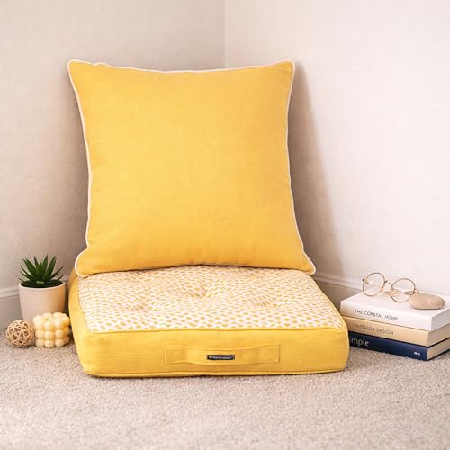 Image of Yellow Woven Quilted Floor Cushion Set 60x60x10 CM with Fillers & Back Cushion, Large Size for Seating, Patio Seat, Meditation, Yoga, Pooja, Guests, Living 24x24x4 Inch