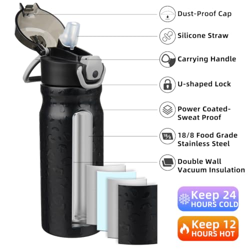 Image of BJPKPK 18 oz Water Bottle with Straw & Handle, Insulated Stainless Flask | Leak Proof Locking Lid, Thermal, Double Wall Vacuum, Metal, Keeps Hot /Cold, BPA Free, Travel & Sports, Black Leopard
