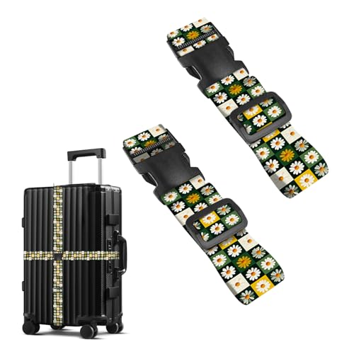 Image of Nuxovilar Luggage Straps Set for Suitcase 1.96x71in Polyester | Cargo Strap Travel Belt Security Buckle Band Airport Hotel Road Trip Travel Accessory (Daisy Checkered)
