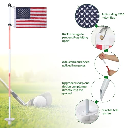 Golf Flagstick 6ft, Double-Side American Flag for Putting Green, Portable 5-Section Design for Backyard Practice, Golf Pin USA Flag for Driving Range - Thumbnail 3