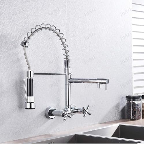 Image of InArt Elite Luxury with Wall-Mounted Kitchen Sink Tap - 360 Pull-Down Sprayer, Multi-Function Spray Head, Single Lever, Chrome Finish, and Hot & Cold Functionality Kitchen Sink Faucet