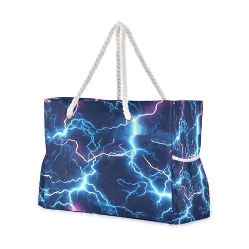 Large Beach Bags Totes Canvas Tote Shoulder Bag Blue Lightning Water Resistant Bags for Gym Travel Daily
