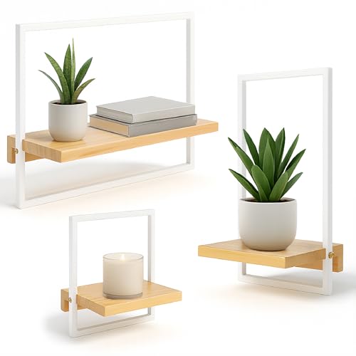 Kastwood Estantería de Pared de Madera – Set 3 Baldas Flotantes Pared y Repisas Decorativas para Salón, Baño y Dormitorio – Estanterías de Pared en Madera Natural con Marco Metálico Decorativo