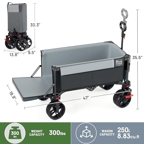 Image of Timber Ridge 47 inch L Collapsible Folding Wagon with Tailgate, 300 lbs Heavy Duty Beach Wagon with All-Terrain Big Wheels, 250L Foldable Utility Cart for Sand Camping Sports Shopping, Grey