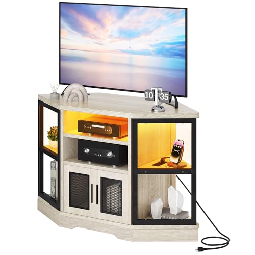 DWVO Corner TV Stand 55/50 Inch TV w/Power Outlet & LED Light, Farmhouse Entertainment Center with Storage, Wood TV Media Console with Storage Cabinets Shelves for Living Room, White Oak