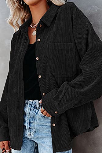 Magritta Long Sleeve Blouse For Women Girls Fashion Corduroy Solid Color Cuffed Collared V Neck Button Down Loose Fit Shirts Tops With Pockets Black Small #TOP3