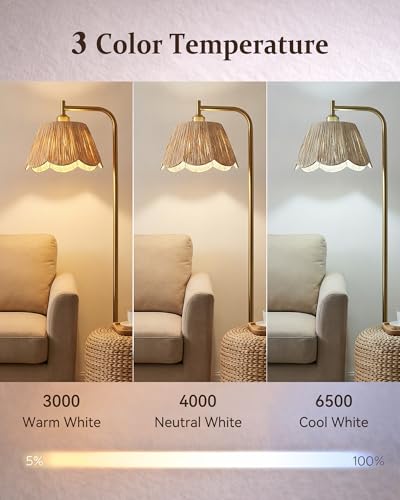 Image of JOOFO Boho Brushed Gold Floor Lamp with Remote, Flower-Inspired Shade | Pre-Assembled Shade, Stepless Dimming, 3 Color Temperatures, LED Bulb Included, Ambient Lighting for Living Room & Bedroom