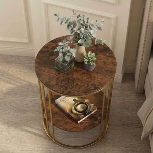 Image of Round Coffee Table Marble Print Sofa Side Telephone Corner Table Snack End Table Metal Frame Dining Chair Center Table for Living Room Bedroom Furniture Golden Brown