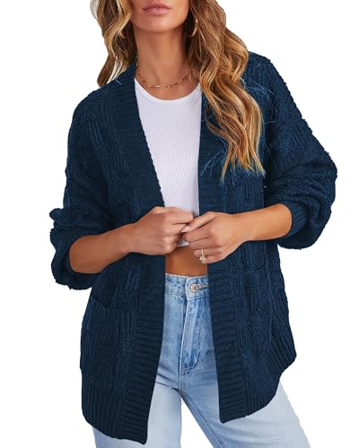 Cakulo Womens Oversized Fall Checkered Cardigan Sweaters 2024 Trendy Open Front Chunky Cardigans Knit Sweater Coats Blue S