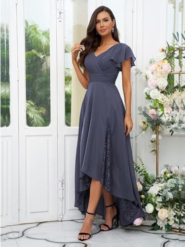 Tea Length Chiffon Mother of The Bride Dress Short Sleeve Bridesmaid Dress V Neck Lace Applique Formal Gown QW0234