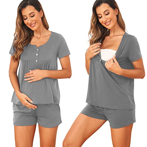 Anggrek Women's Maternity Nursing Pajama Set Breastfeeding Sleepwear Set Button Short Sleeve Pregnancy Pjs,Grey,Small #TOP22