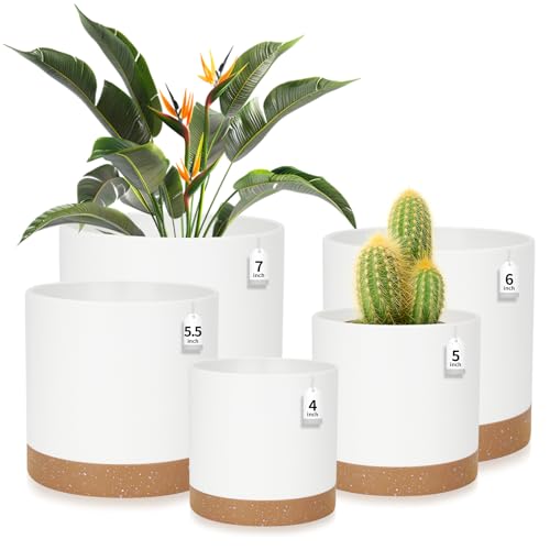 CSYY Plant Pots Indoor, Plastic Plant Pots, Flower Pots Outdoor Self Watering Indoor Plant Pot with Drainage Holes and Tray, Plastic Planter for Garden House Plants (White, 7/6.5/6/5/4)