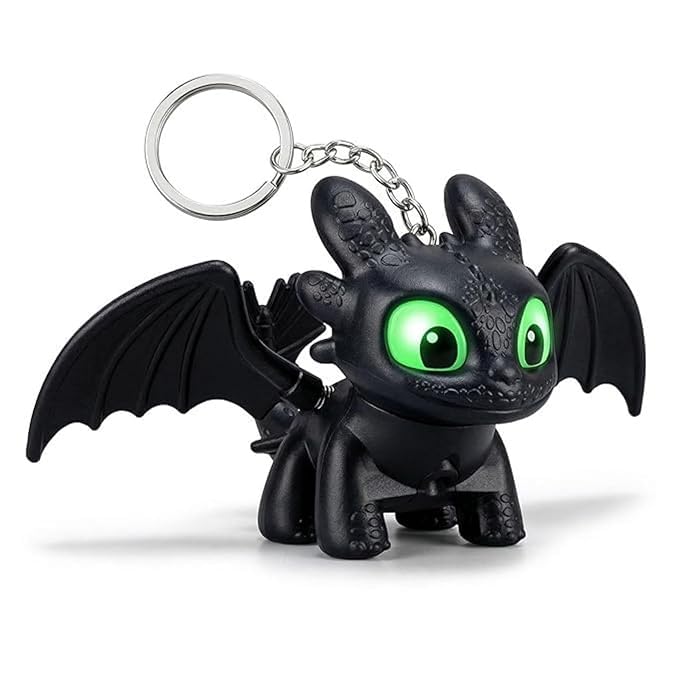 Image of Mysterious Glowing Toothless Dragon Keychain for Keys or Backpack, Collector Night Fury Chibi Figure with Green LED Eyes, Moving Wings, Matte Vinyl and Textured Scales
