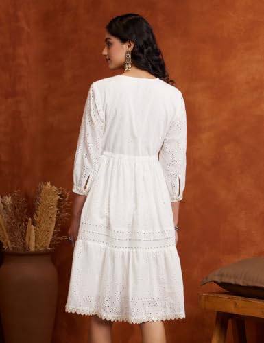 Image of Amazon Brand - Myx Women's Schiffli Dress | Casual Cotton Dress | Knee-Length (Available in Plus Sizes)