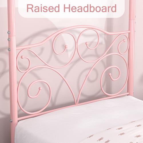 Image of VECELO Metal Canopy Bed Frame Twin Size, 4 Posters Platform Mattress Foundation with Headboard, Heavy Duty Steel Slats Support, No Box Spring Needed, Pink