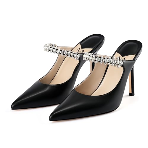 Image of MIRAAZZURRA Women Heeled Mules Rhinestone Strappy Pointed Toe Mules Stiletto High Heels Slip On Bridal Sandals for Women