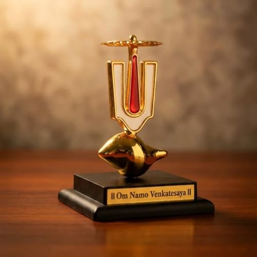 Image of Divine Hindu Shri Vishnu Shankh Tilak Chakra with Base | Lord Vishnu Divine Symbol Showpiece for Home Decor | Shankh Chakra Namam Idol for Office Desk, Car Dashboard & Spiritual Gift
