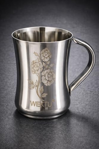 Image of WEKTU Premium Stainless Steel Lassi Mug with Floral Engraving, Polished Mirror Finish, 9 cm x 12.5 cm, Pack of 2