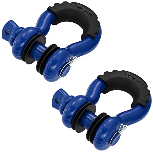 Motormic Unique D Ring Shackles 2 Pack Blue - 3/4" Clevis With 7/8" Pin Safety Max 57,000 Lbs Break Point - 2 Black Isolators, 8 Washers - Heavy Duty Use Tow Strap, Winch, Off Road, Towing #TOP23