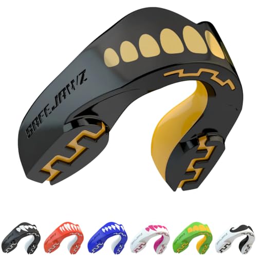 SAFEJAWZ Protector bucal adultos y niños para todos los deportes de contacto, incluidos rugby, MMA, artes marciales de kickboxing, judo, hockey y boxeo (Goldie, Adulto (12+ Años))