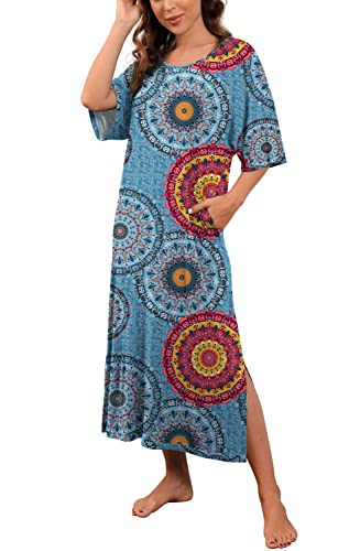 PrinStory Womens Long Nightgown Round Neck Nightshirts Short Sleeve Loose Loungewear Casual Sleep Dress With Pockets FP-Mix Blue-XX-Large