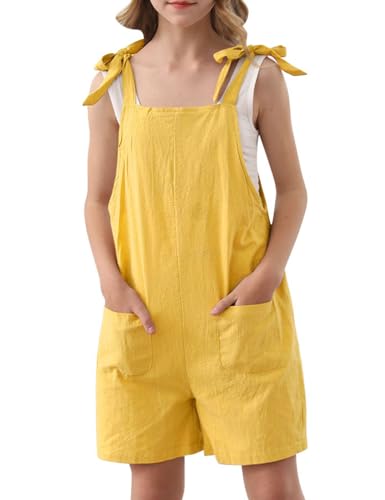 Image of Girls Romper Sleeveless Adjustable Tie-Up Strap Short Jumpsuits Summer Clothes with Pocket 5-12 years