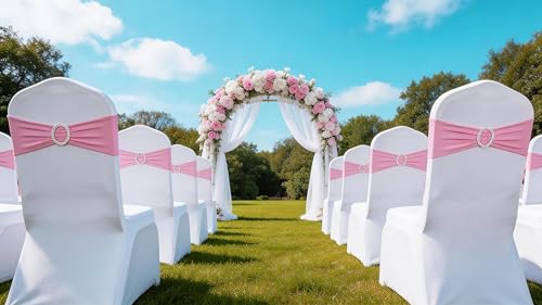SINSSOWL Pack of 50 Spandex Pink Chair Sashes for Wedding Elastic Chair Bows Sashes Bands Buckles Fitting Birthday Party Anniversary Events Ceremony Bridal Baby Shower Decorations