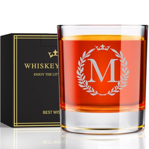 Image of Personalized Whiskey Glasses Gifts for Men, Monogrammed Engraved A-Z 10.6 oz Rocks Glass Customized Gift, Unique Christmas Birthday Gifts for Men Him Dad Husband Brother Son (M)